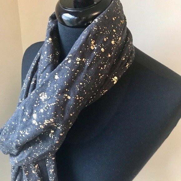 MICKEY LONDON Scarf Gold Metallic Splatter Gray Galaxy Star NWT - Picture 2 of 6